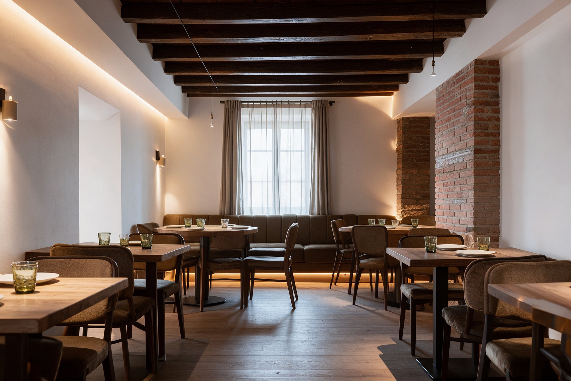 Comedor elegante de La Tarara con madera, ladrillo y mesas servidas