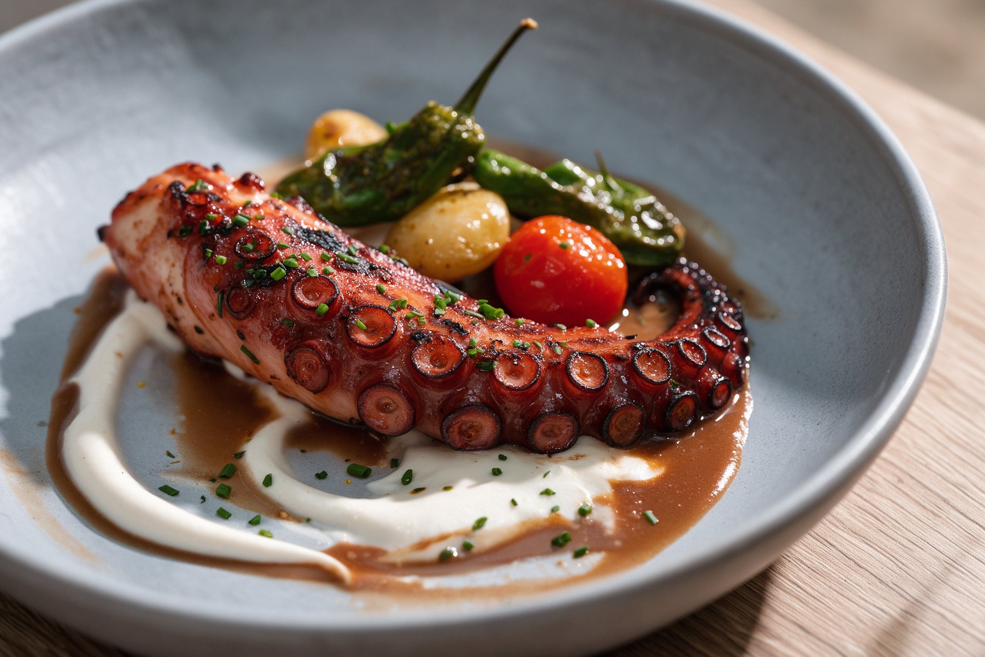 Plato de pulpo a la brasa con cremas, patatas y pimiento