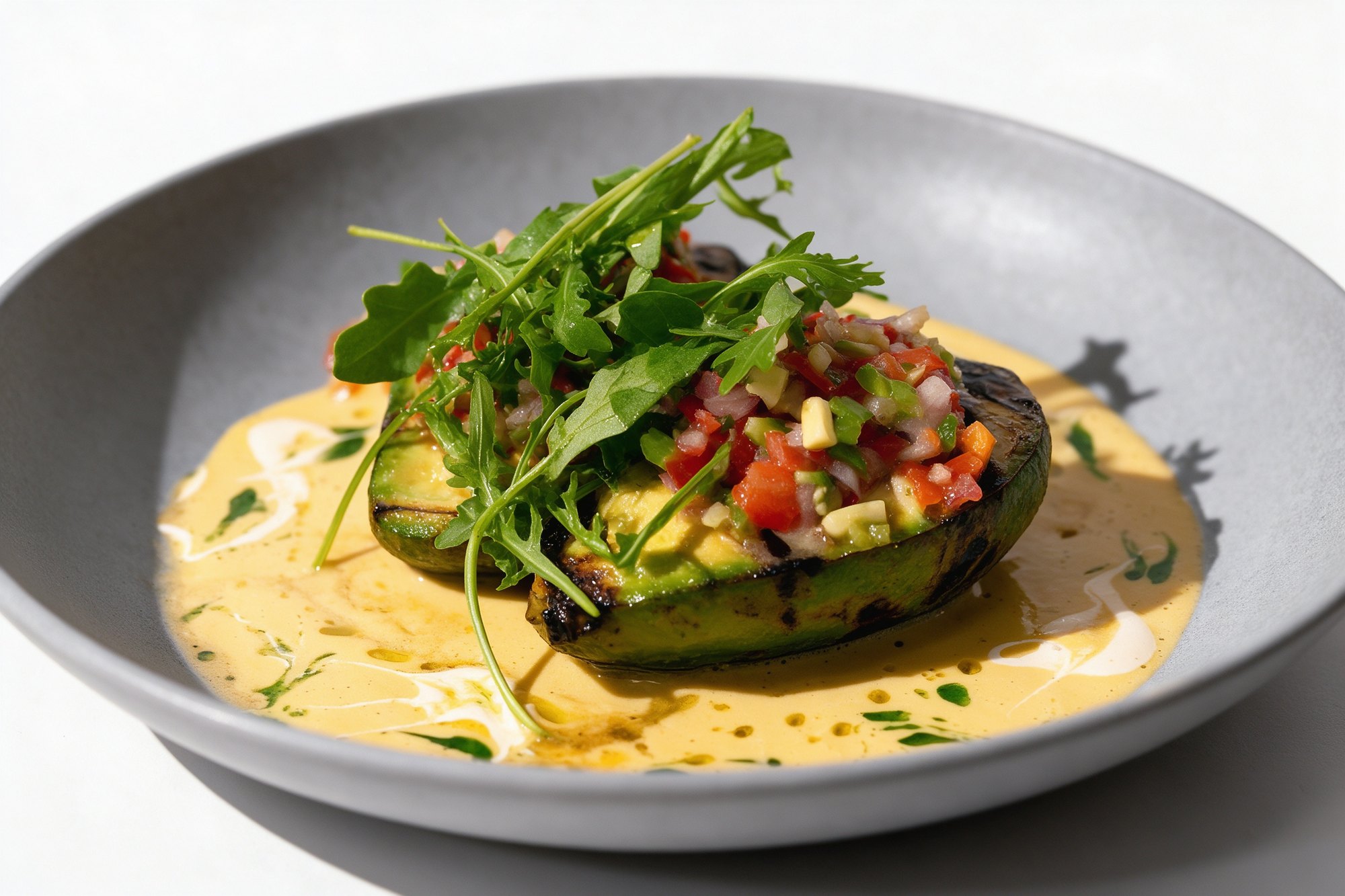 Aguacate a la brasa relleno de salsa de tomate sobre crema amarilla