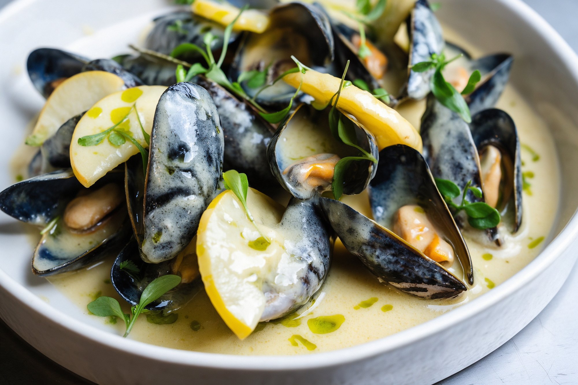 Mejillones en salsa cremosa con manzana y hierbas